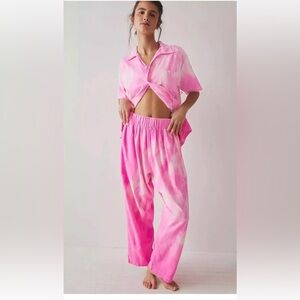 Free People Riverside Tool & Dye Louie Pants Raw Silk Tie Dye Pink White